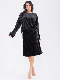 WOMEN'S LONG SLEEVE TOP & ELASTIC WAIST MIDI SKIRT VELVET DETAILED 2PC. SET
