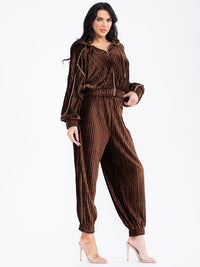 WOMEN'S HOODED SWEATER & ELASTIC WAIST PANTS VELVET DETAILED 2PC. SET