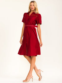 WOMEN'S SHORT SLEEVES V-NECK BUTTON UP BELTED CROCHET MIDI DRESS