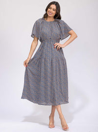 WOMEN'S SHORT SLEEVE ELASTIC WAIST FRONT POCKET FLORAL MAXI DRESS