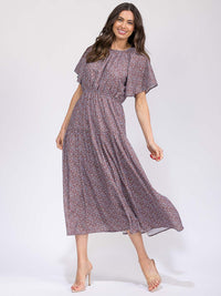 WOMEN'S SHORT SLEEVE ELASTIC WAIST FRONT POCKET FLORAL MAXI DRESS