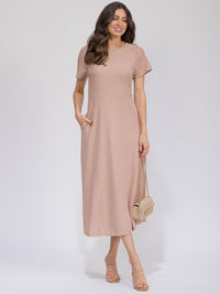 WOMEN'S SHORT SLEEVE FRONT POCKETS RIBBED MAXI DRESS