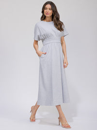 WOMEN'S SHORT SLEEVE SMOCK WAIST FRONT POCKETS MAXI DRESS