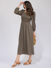 WOMEN'S LONG SLEEVE SMOCK FRONT POCKETS MAXI DRESS