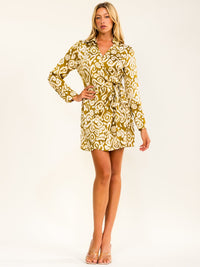 ENTRO WOMEN'S LONG SLEEVE V-NECK MULTI PRINT WRAP MINI DRESS
