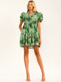WOMEN'S SHORT PUFF SLEEVE V-NECK POCKETS TUNIC FLORAL PRINT MINI DRESS