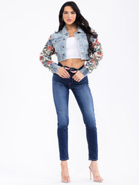 WOMEN'S LONG SLEEVE BUTTON CLOSURE POCKETS FLORAL CROP DENIM JACKET