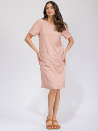 WOMEN'S SHORT SLEEVE FRONT POCKETS RIBBED MIDI DRESS