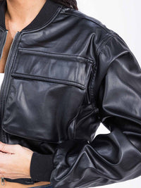 WOMEN'S LONG SLEEVE ZIP UP POCKETS PU PLEATHER JACKET