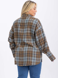 PLUS SIZE LONG SLEEVE FRONT POCKET BUTTON UP HIGH-LOW PLAID SHIRT