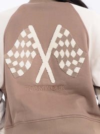 WOMEN'S LONG SLEEVE BUTTON CLOSURE FRONT POCKETS GRAPHIC COLORBLOCK VARSITY JACKET