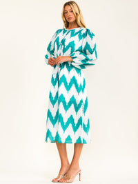 BEULAH WOMEN'S LONG SLEEVE BUTTON UP SELF TIE PRINT MIDI DRESS