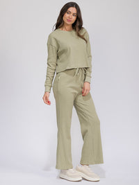 WOMEN'S LONG SLEEVE TOP & ELASTIC WAIST WIDE LEG PANTS RIBBED 2PC. SET