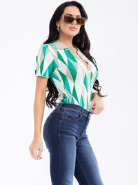 WOMEN'S SHORT SLEEVE BUTTON UP MULTI PRINT BODYSUIT