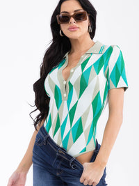 WOMEN'S SHORT SLEEVE BUTTON UP MULTI PRINT BODYSUIT