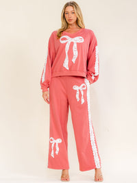WOMEN'S LONG SLEEVE SWEATER & ELASTIC WAIST WIDE LEG PANTS LACE BOWS 2PC. SET