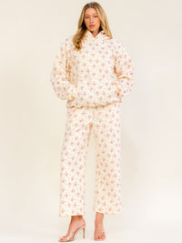 WOMEN'S LONG SLEEVE HOODED SWEATER & ELASTIC WAIST WIDE LEG PANTS FLORAL PRINT 2PC. SET