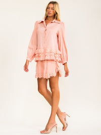 WOMEN'S LONG SLEEVE BUTTON UP BLOUSE & ELASTIC WAIST SHORTS CROCHET 2PC. SET