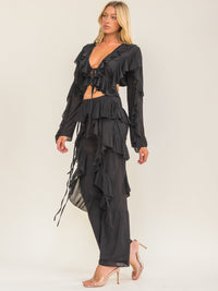 WOMEN'S LONG SLEEVE CROP TOP & ELASTIC WAIST STRAIGHT LEG PANTS RUFFLES 2PC. SET