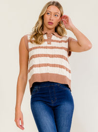 WOMEN'S SLEEVELESS BUTTON UP COLORBLOCK STRIPES OPEN BACK KNIT SWEATER TOP