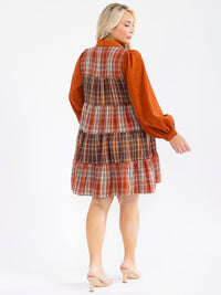 PLUS SIZE LONG SLEEVES BUTTON UP TIERED PLAID TUNIC MINI DRESS