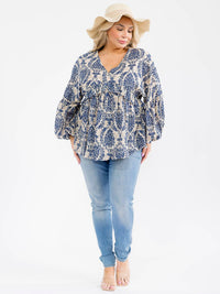PLUS SIZE LONG SLEEVE V-NECK MULTI PRINT BLOUSE