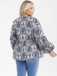 PLUS SIZE LONG SLEEVE V-NECK MULTI PRINT BLOUSE