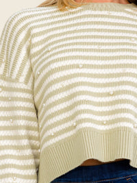 WOMEN'S LONG SLEEVE PEARL DETAILED KNIT COLORBLOCK PULLOVER SWEATER