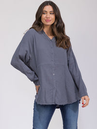 WOMEN'S LONG SLEEVE BUTTON CLOSURE POCKETS TUNIC HIGH-LOW TOP