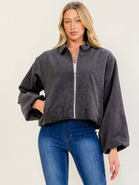 WOMEN'S LONG BALLOON SLEEVES ZIPPER CLOSURE FRONT POCKETS JACKET