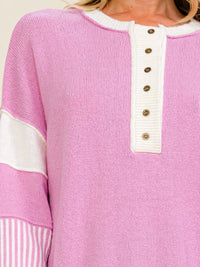 WOMEN'S LONG SLEEVE BUTTON CLOSURE COLORBLOCK HIGH-LOW PULLOVER SWEATER