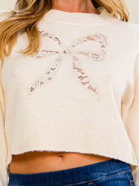 WOMEN'S LONG SLEEVE LACE BOWS PULLOVER CROP SWEATER