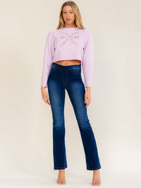WOMEN'S LONG SLEEVE LACE BOWS PULLOVER CROP SWEATER