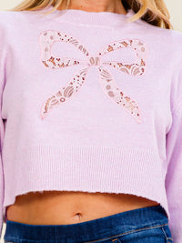 WOMEN'S LONG SLEEVE LACE BOWS PULLOVER CROP SWEATER