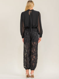 WOMEN'S LONG SLEEVE MESH TOP & ELASTIC WAIST FLORAL SEQUINS PANTS 2PC. SET