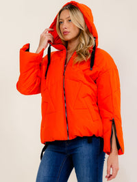 WOMEN'S LONG SLEEVE ZIP UP FRONT POCKETS ADJUSTABLE WAIST HOODED PUFFER JACKET