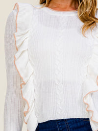 WOMEN'S LONG BELL SLEEVE RUFFLE KNIT PULLOVER SWEATER