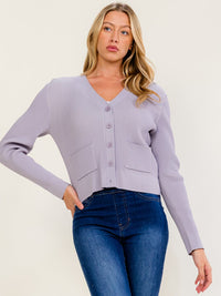 WOMEN'S LONG SLEEVE BUTTON UP V-NECK FRONT POCKETS RIBBED TOP