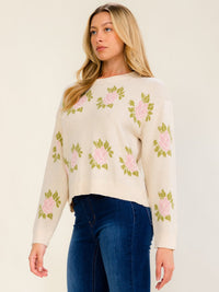 WOMEN'S LONG SLEEVE FLORAL KNIT PULLOVER SWEATER
