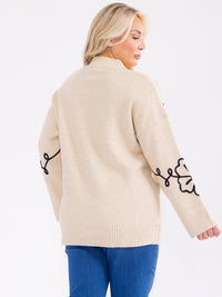 PLUS SIZE LONG SLEEVE FLOWERS PULLOVER SWEATER