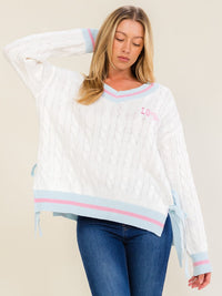 WOMEN'S LONG SLEEVE V-NECK LOVE PULLOVER CABLE KNIT SWEATER
