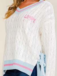 WOMEN'S LONG SLEEVE V-NECK LOVE PULLOVER CABLE KNIT SWEATER