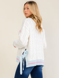 WOMEN'S LONG SLEEVE V-NECK LOVE PULLOVER CABLE KNIT SWEATER
