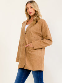 WOMEN'S LONG SLEEVE BUTTON UP FRONT POCKETS SUEDE COAT