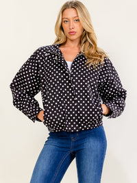 WOMEN'S LONG SLEEVE ZIPPER CLOSURE FRONT POCKETS POLKA DOTS DENIM JACKET