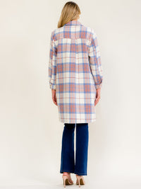 WOMEN'S LONG SLEEVE BUTTON UP FRONT POCKETS PLAID COAT