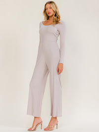 WOMEN'S LONG SLEEVE SELF TIE WIDE LEG RIBBED JUMPSUIT