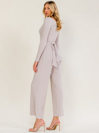 WOMEN'S LONG SLEEVE SELF TIE WIDE LEG RIBBED JUMPSUIT