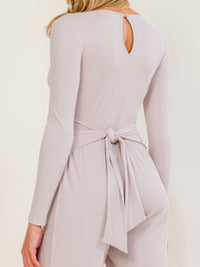 WOMEN'S LONG SLEEVE SELF TIE WIDE LEG RIBBED JUMPSUIT