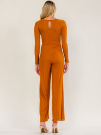 WOMEN'S LONG SLEEVE SELF TIE WIDE LEG RIBBED JUMPSUIT